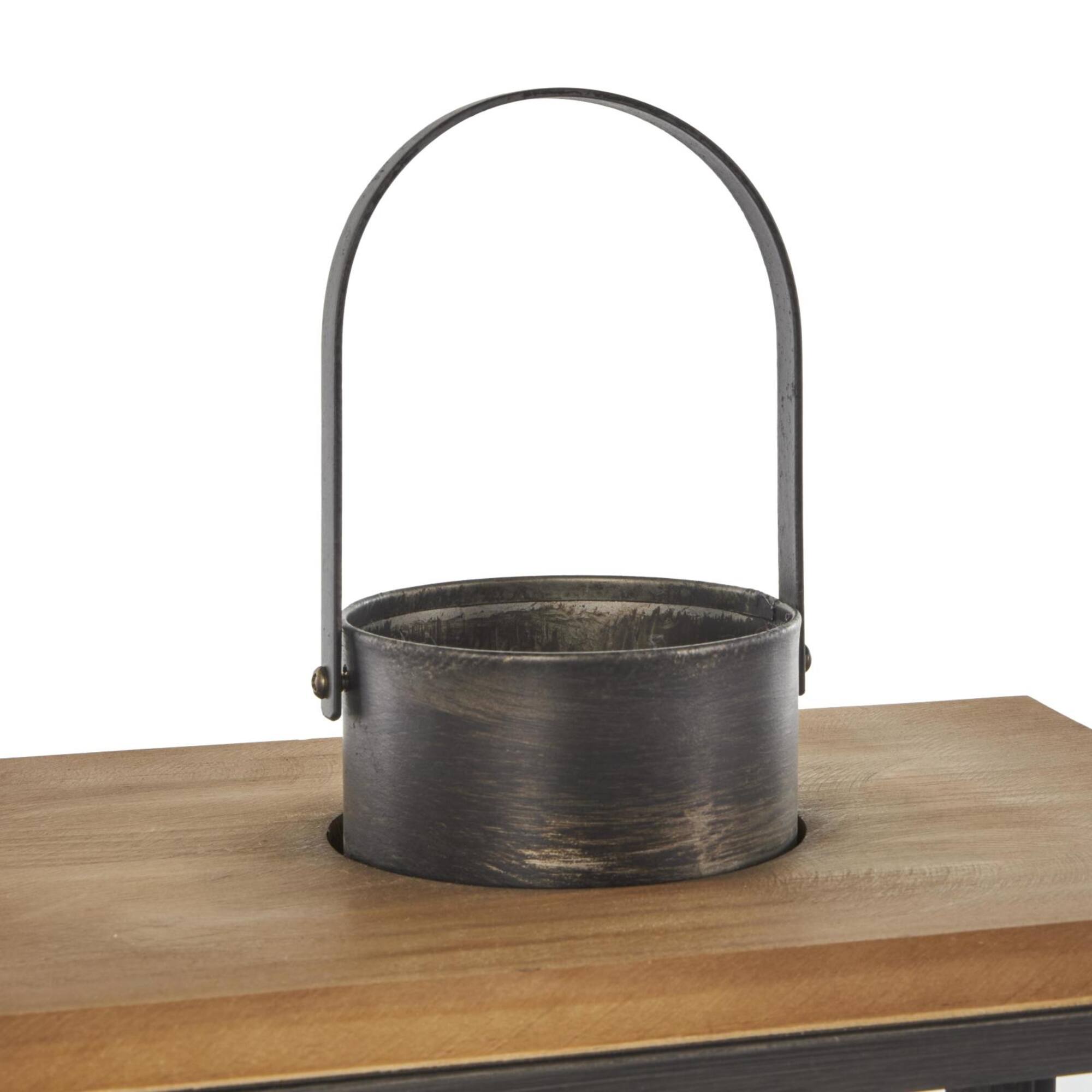 Dark Gray Brushed & Wood Top Rectangular Candle Lantern Set